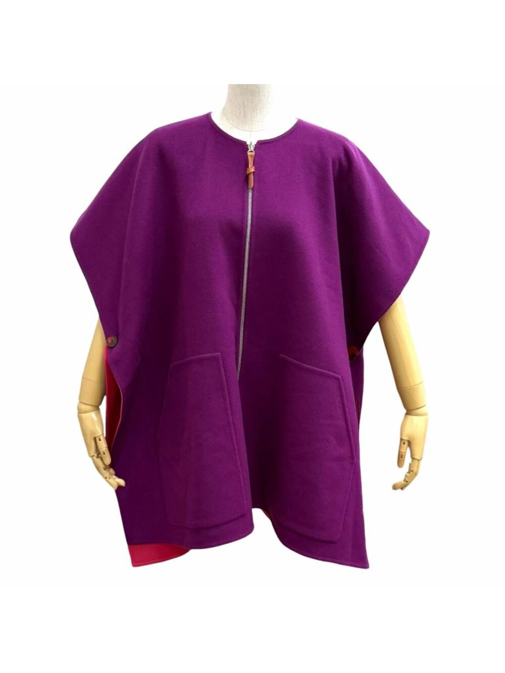 Hermes Cashmere 100% Reversible Logo Button Leather Zip Double Face Cape Poncho